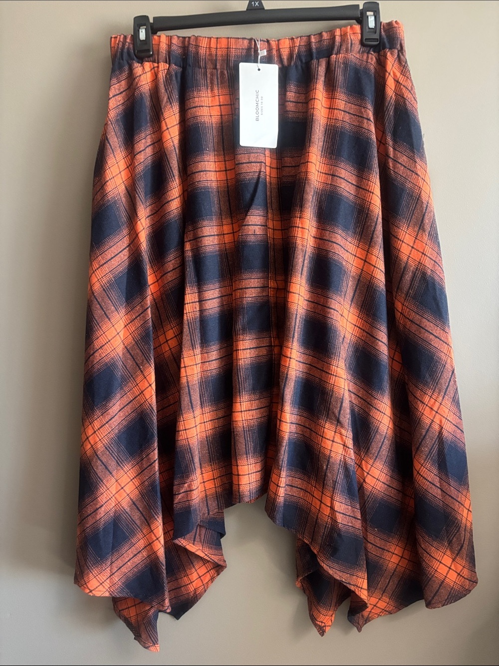 BloomChic Orange & Navy Plaid Asymmetrical Hem Skirt - Picture 6 of 6